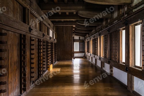 Preview: Interior of the Himeji Castle with the weapon racks on the wall in Hyogo, Japan