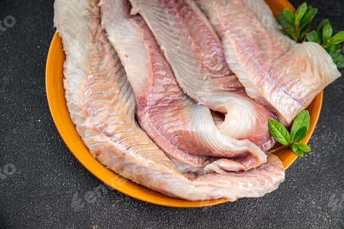 Preview: fillet raw white fish cod or halibut fresh meal food snack on the table copy space food background