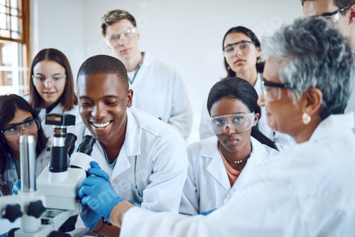 Preview: Education, science and teacher with students using microscope for chemistry, biology and medical re