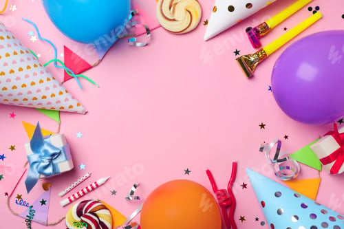 Preview: Flat lay composition with birthday party items on color background