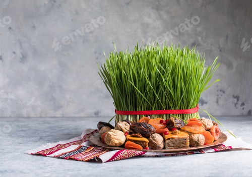 Preview: Novruz setting table decoration, wheat grass, Azerbaijan national pastry pakhlava