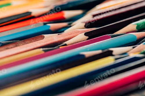Preview: Close-up view of colorful pencils in mess as educational background