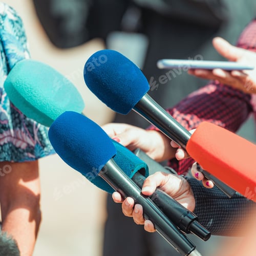 Preview: News reporters interviewing an unrecognizable people outdoors