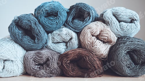 Preview: Stacked skeins of cotton yarn in different colors. Yarn for knitting with needles and crochet.