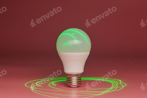 Preview: Energy saving light bulb, green laser beam around, copy space. Minimal idea concept.