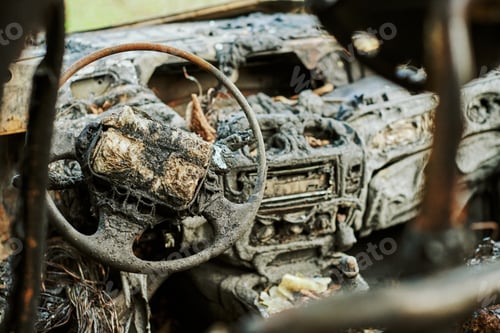 Preview: Burned car interior close up, vehicle fire damaged motor vehicle, car fire
