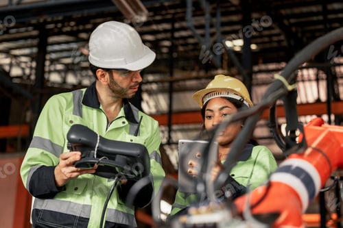Preview: Engineers Inspecting Robotic Arm in Factory Setting
