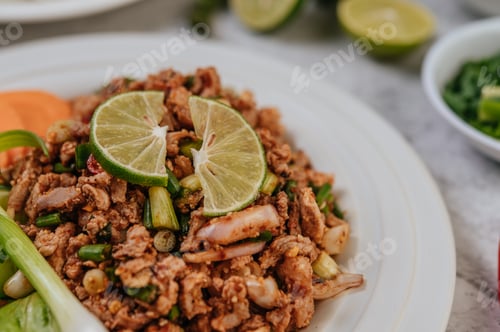 Preview: Pork Larb with carrot, cucumber, lime, spring onion, chili, freshly ground pepper, and lettuce