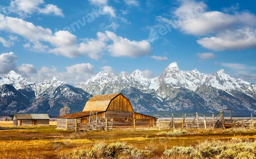 Preview: Teton Range with Moulton Barn, Wyoming, USA.