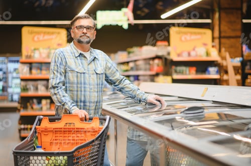Preview: Mature man buying groceries at the supermarket. Consumerism concept