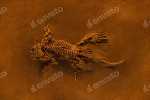 Preview: Ancient lizard skeleton fossilized on orange sand. Excavation and fossil. Archaeology