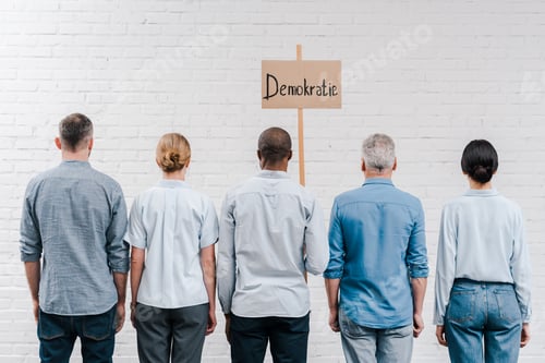Preview: back view of multicultural people standing near brick wall and placard with demokratie lettering