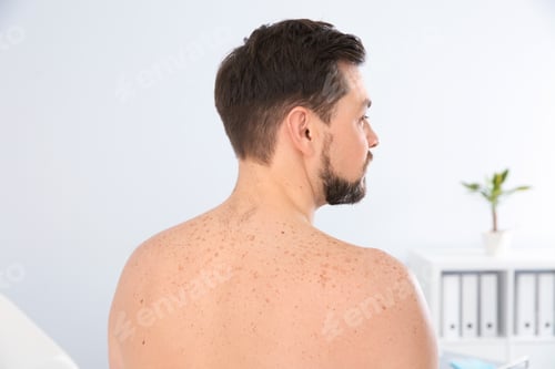 Preview: Man with birthmarks in clinic. Visit to dermatologist
