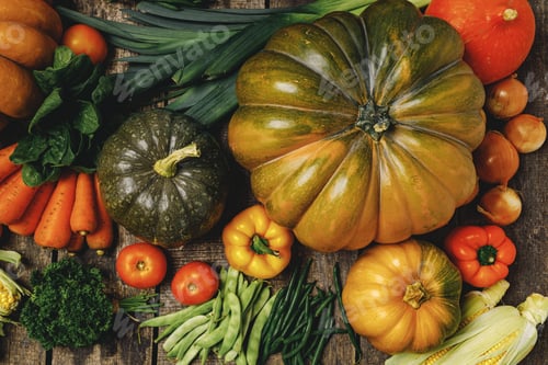 Preview: Beautiful arrengament of autumn vegetables on wooden table