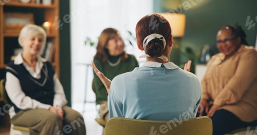 Preview: Group therapy, senior women and circle for talking to psychologist for mental health in retirement.