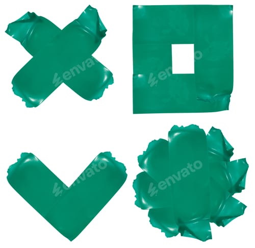 Preview: Various figures made of torn green electrical tape on isolated background