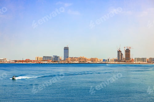 Preview: View of speed motor boat going on high speed near coast line