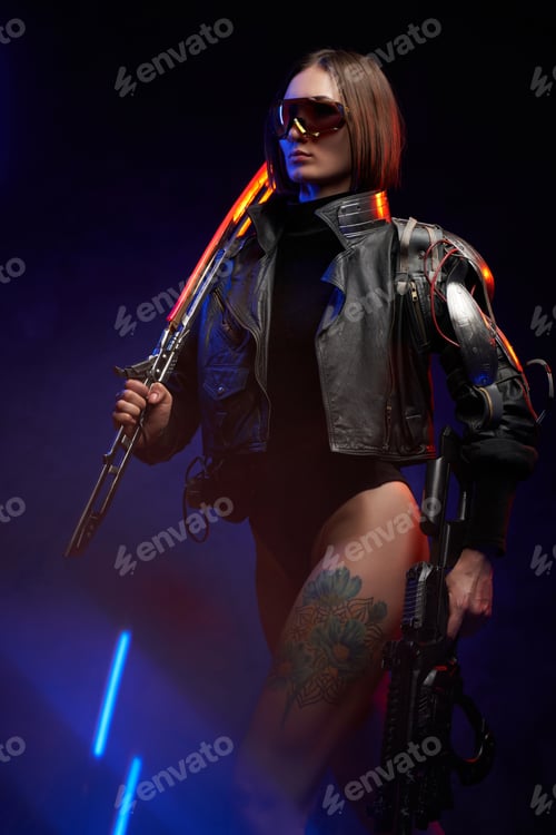 Preview: Female mercenary in cyberpunk style going in dark background