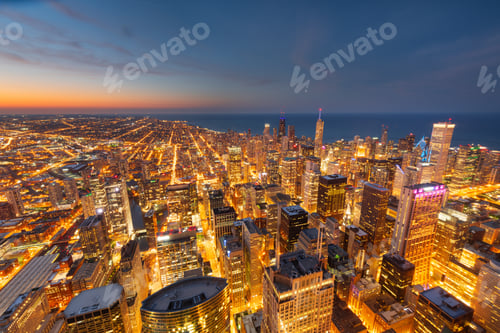 Preview: Chicago, Illinois USA aerial skyline towards Lake Michigan