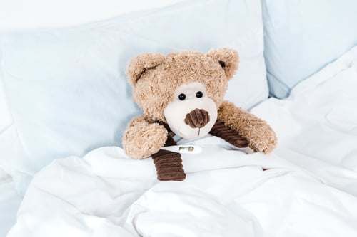 Preview: teddy bear on bed with white bedding and pillows