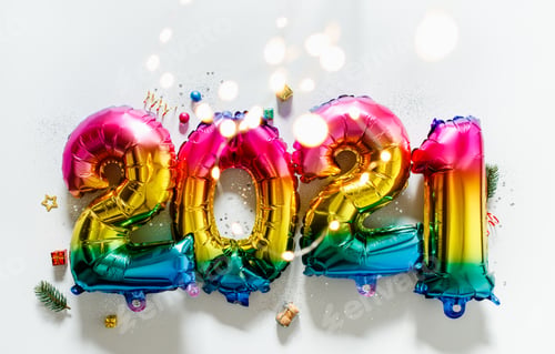 Preview: Rainbow colored Foil balloons in the form of numbers 2021. New year celebration