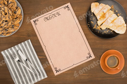 Preview: top view of blank decorative menu, cup of coffee and delicious dessert on wooden table