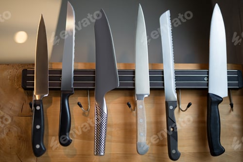 Preview: Set of kitchen knives hanging on the wall