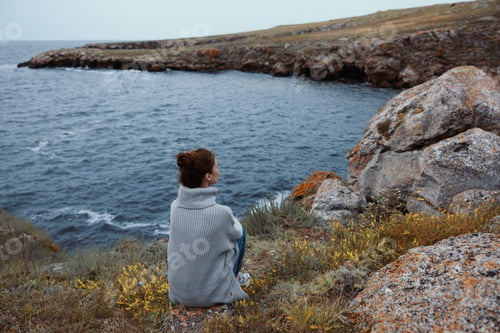 Preview: woman nature rocks coast landscape Ocean unaltered