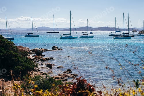 Preview: Luxury yachts at the amazing coast of mediterranean sea in Sardinia island, Italy