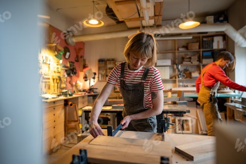 Preview: Female carpenter prepares wooden blocks for gluing, set up clamp in woodworking shop. Manual labor