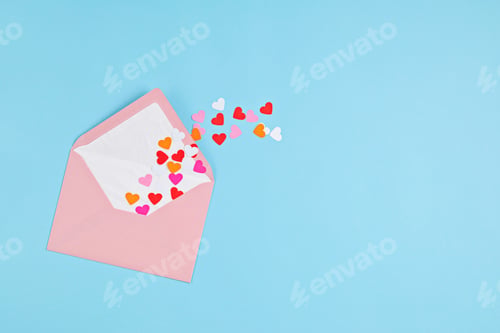 Preview: Hearts confetti and pink envelope. Love, valentine day, mothers day greeting card, gratitude