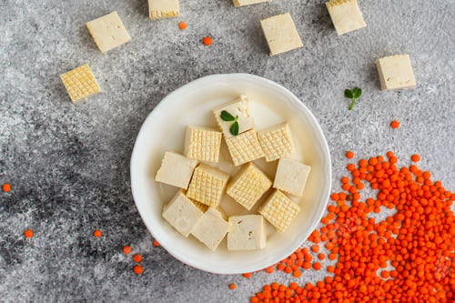 Preview: Tofu (Soy Cheese) Asian Cuisine. Copy Space. Food Background. Top