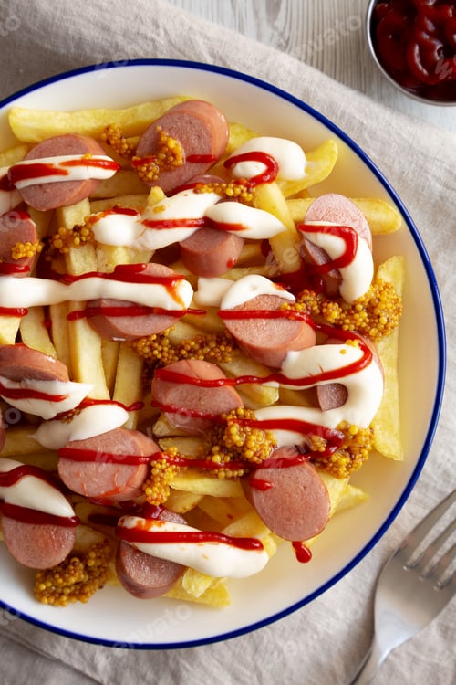 Preview: Homemade Salchipapa Fries with Ketchup, Mustard and Mayo on a Plate, top view.