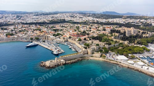 Preview: Mandraki port of Rhodes city harbor aerial panoramic view in Rhodes island in Greece