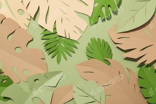Preview: Paper green tropical leaves on a green background. With a flamingo bird.