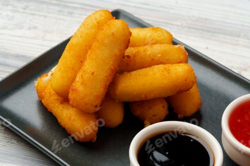 Preview: Fried snacks platter with sauce on gray wooden table