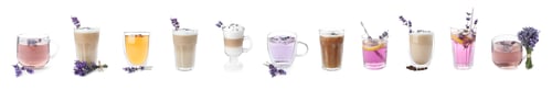 Preview: Set of different drinks with lavender on white background. Banner design