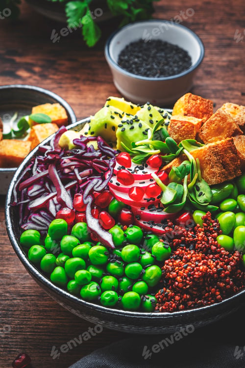 Preview: Vegan Buddha Bowl for balanced diet with tofu, quinoa, vegetables and legumes