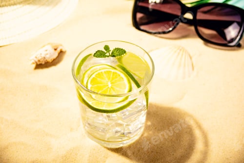 Preview: Summer fresh cocktail lemonade water with mint and lime citrus fruit on beach with white sand.