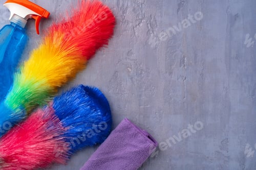Preview: Cleaning supplies for household flatlay on gray background