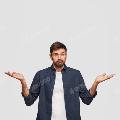 Preview: Vertical shot of hesitant puzzled employee shrugs shoulders with uncertainty, cannot make choice or