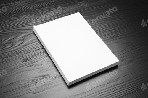 Preview: Stack of blank paper sheets for brochure on black wooden background. Mock up