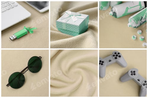 Preview: A set of pictures with fashionable youth objects on a soft fleece surface