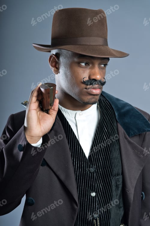 Preview: Retro Afro America Western Cowboy Man With Mustache. Ready To Shoot. Wearing Brown Hat. Cool Tough