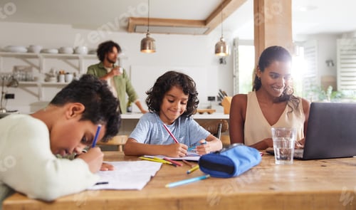 Preview: Boys doing homework with mother working from home