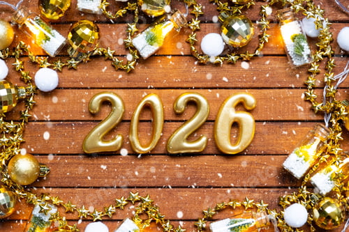 Visualização: Feliz Ano Novo, números de madeira 2026 em aconchegante fundo de madeira marrom festivo