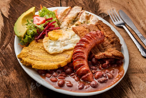 Preview: Top view of a white plate with Bandeja paisa with an egg, and vegetable salad on a wooden table