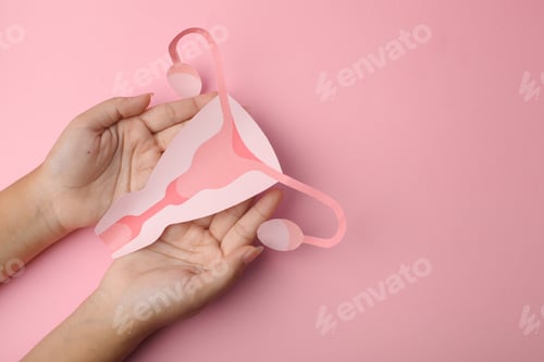 Preview: Uterus Paper Cutout On Palm Hands Isolated On Pink Background With Copy Space. World Cancer Day.