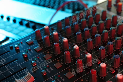 Preview: Musical producer workplace concept, close up and selective focus