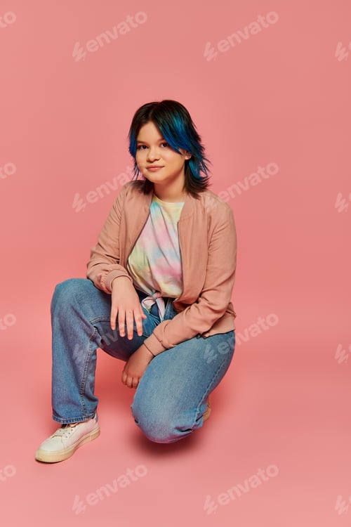 Preview: Ethereal beauty: woman with blue hair on pink